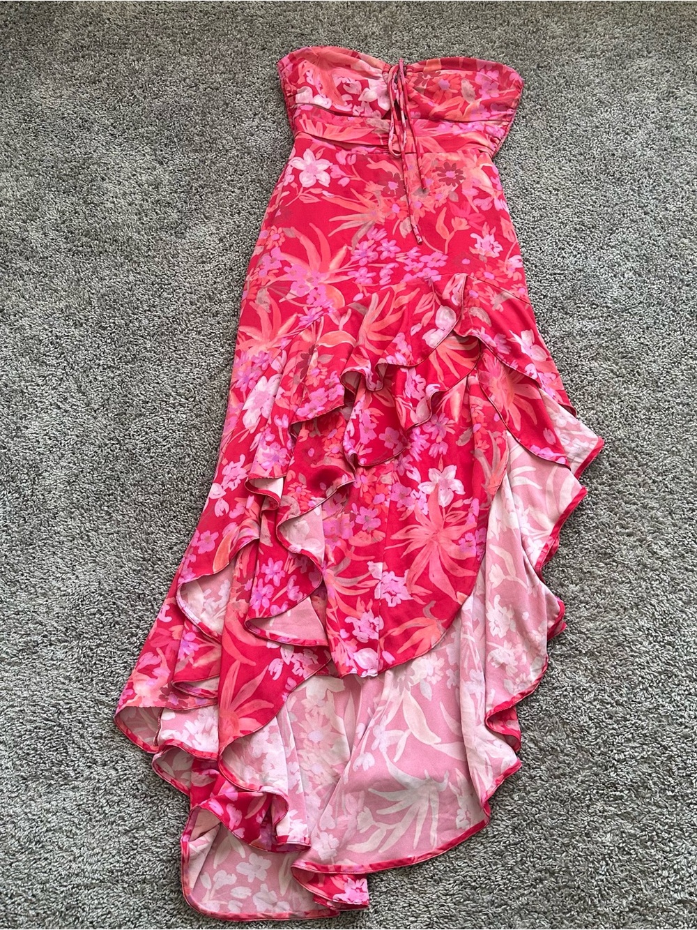 Amanda Uprichard Pink Floral Strapless High-Low Ruffled Dress